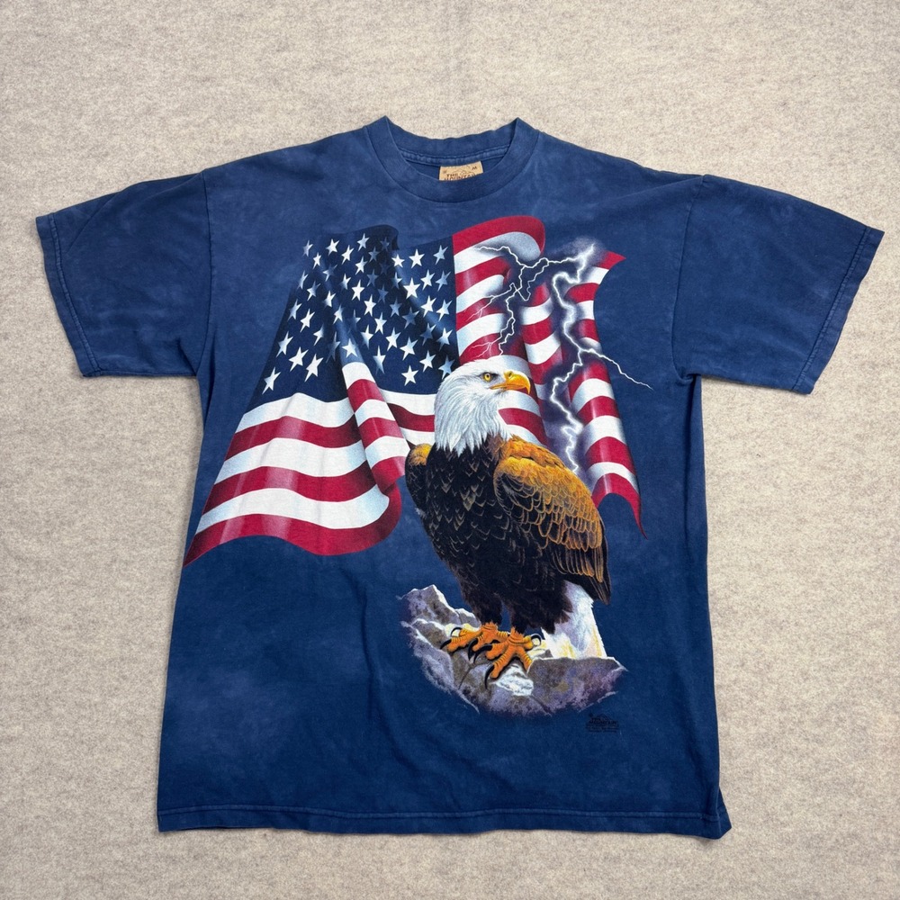 The Mountain Bald Eagle American Flag Lightning Blue Tie Dye T-Shirt Mens Medium